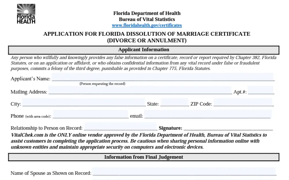 A screenshot of the form used for dissolution of marriage certificate in Bay County, offered by the Florida Department of Health Bureau of Vital Statistics.