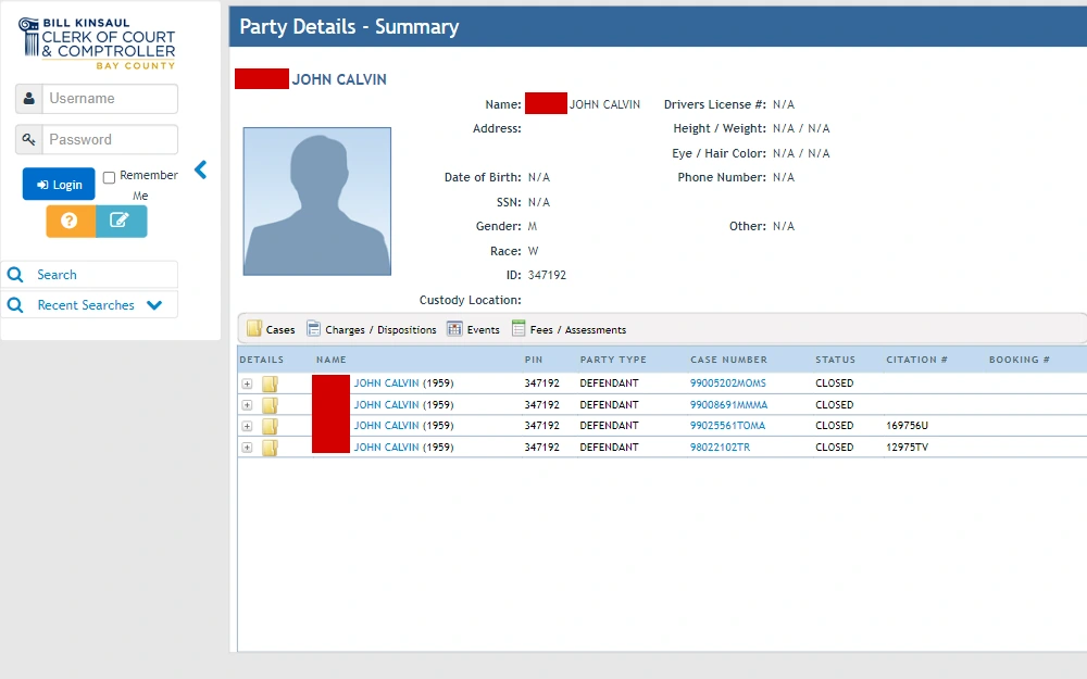 A screenshot of the portal hosts information on all types of crimes, including civil infractions like tickets and misdemeanor and felony cases.