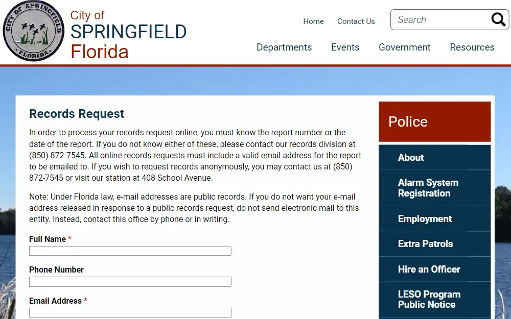 A screenshot of the records request form used to obtain police reports in the city of Springfield.