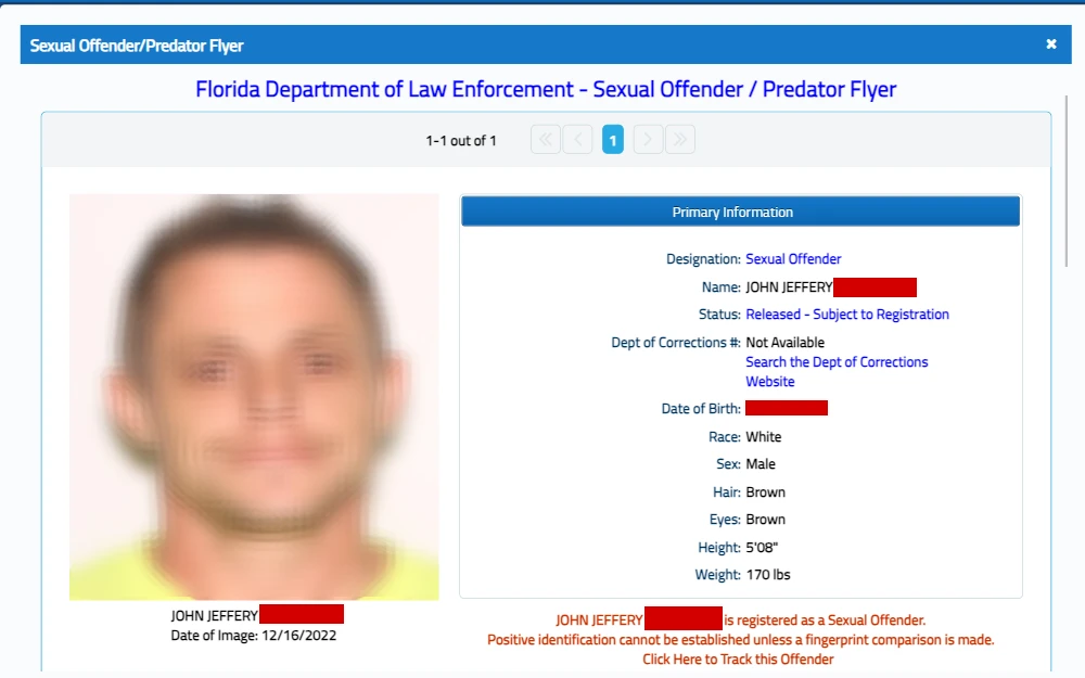A screenshot of the Florida sex offender registry, where interested parties can search for sex offenders by both offender names or a radius around a desired address, such as a citizen’s home.