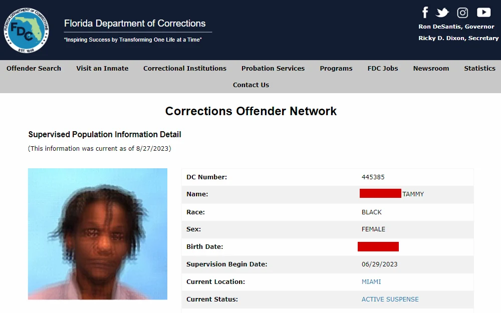 A screenshot of the search function where interested parties can obtain offender information using just a partial last name or DOC number, if known, through the Florida Department of Corrections.
