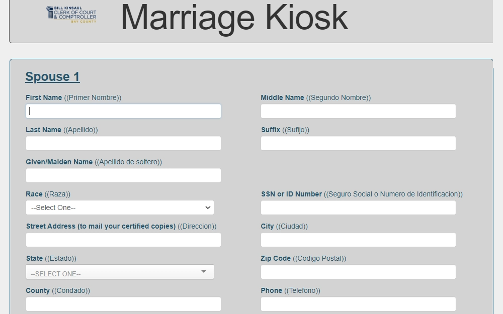Screenshot of the online pre-application form for marriage license, displaying fields for the basic information and address of one party.