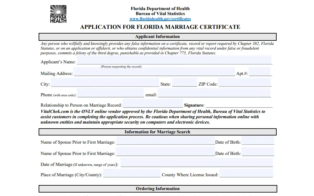 Screenshot of the application form for marriage certificate in Florida with fields for information about the applicant, marriage search, and order respectively.
