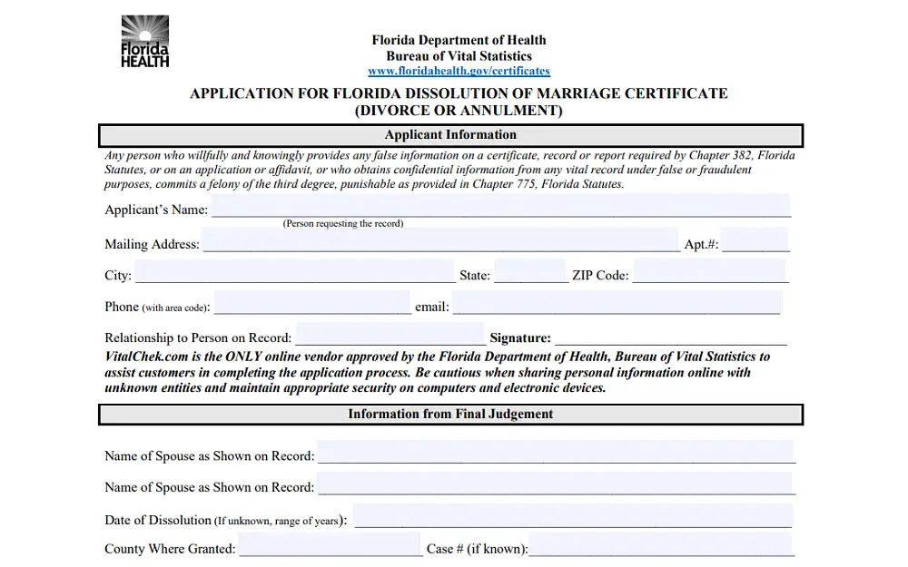 A screenshot of an application for Florida dissolution of marriage certificate requiring information such as applicant's name, mailing address, city, state, ZIP code, phone, signature and others.