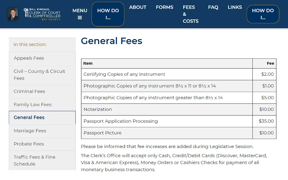 A screenshot displaying the general fees showing items such as certifying copies of any instrument, photographic copies of any instrument, notarization, passport application processing and passport picture and their fees.