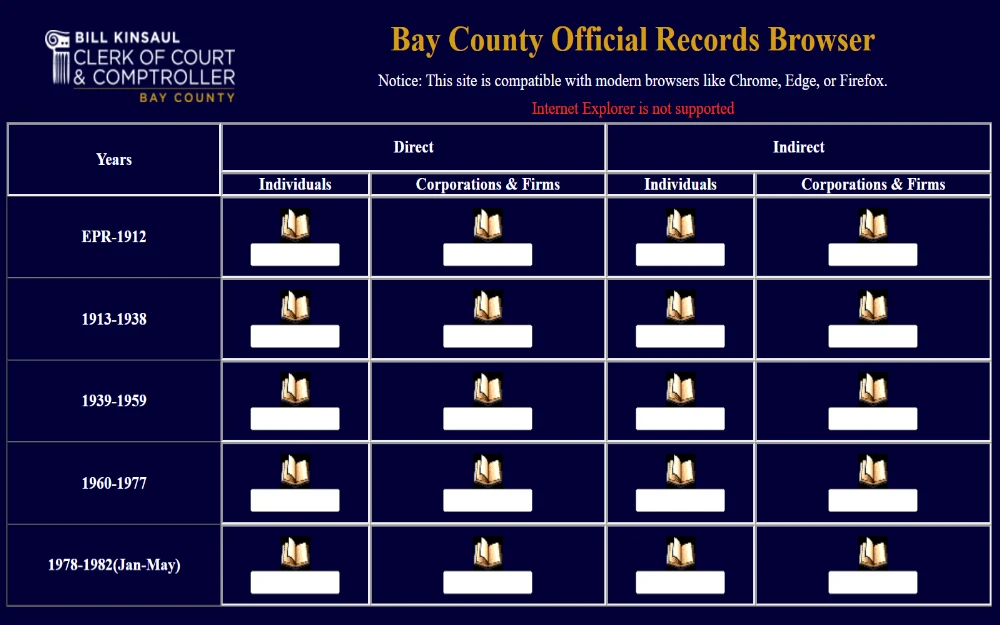 A screenshot showing a Bay County official records browser displaying search filters for direct and indirect individuals, corporations and firms for years, starting 1912 up to 1982 (January-May).