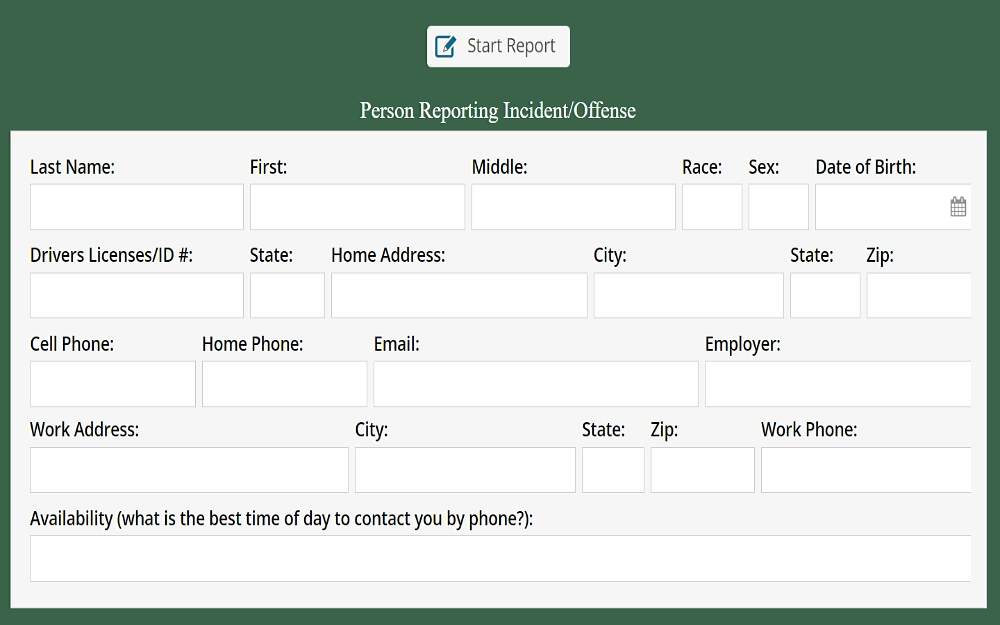 A screenshot of an online form for the person reporting the incident or offense, with information to fill out such as last, first, and middle name, race, sex, date of birth, driver's license or ID number, state, home address, city, cellphone number, and others.