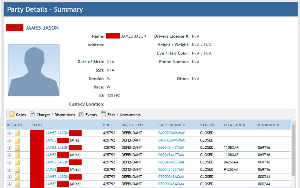 A screenshot showing a party details summary of an offender with information including name, ID number, race, gender and case details such as PIN, party type, case numbers and statuses.