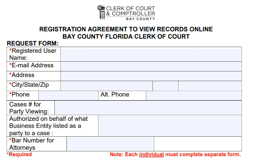 A screenshot displaying the registration agreement to view records online from the Bay County Florida Clerk of Court requiring details such as registered user name, email address, address, city, state, ZIP code, phone number and alternate contact number.