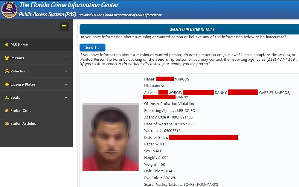 A screenshot of the search tool to obtain warrant documentation from the Florida Crime Information Center's wanted person details.