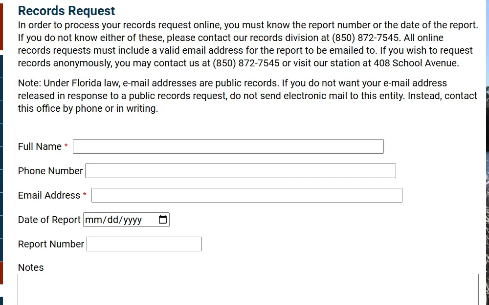 A screenshot of the Springfield Police Department's online records request form, which requires the following information to be filled out: full name, phone number, email address, date of report, report number, and notes.